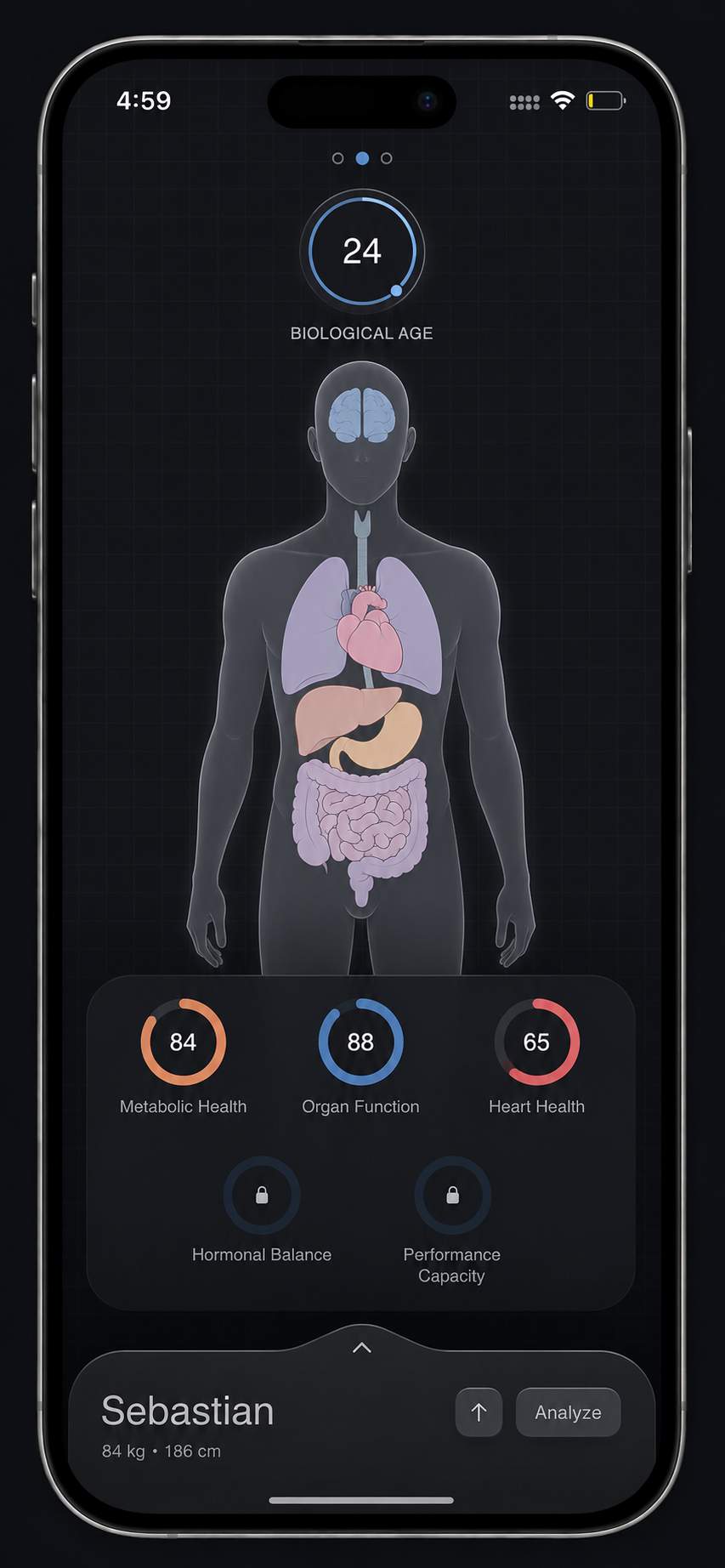 22Bio Digital Body app showing biological age, organs and health scores